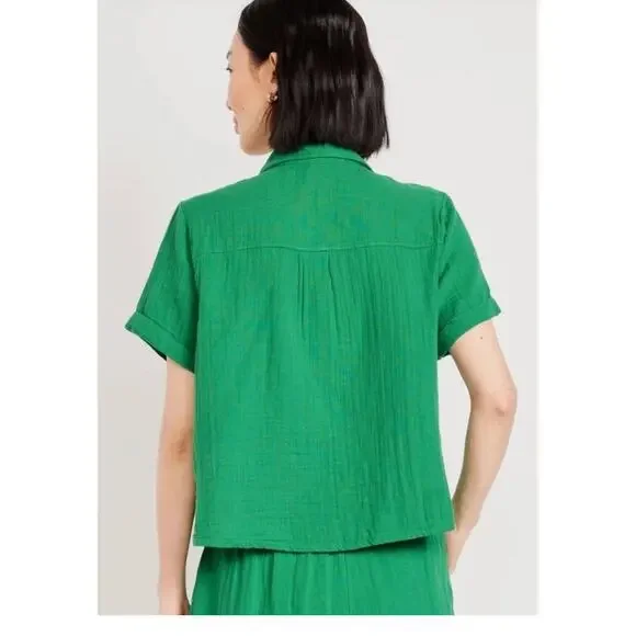 Old Navy Crinkle Gauze Button Down Shirt Green Loose Fit Short Sleeve NWT XS - Picture 3 of 11